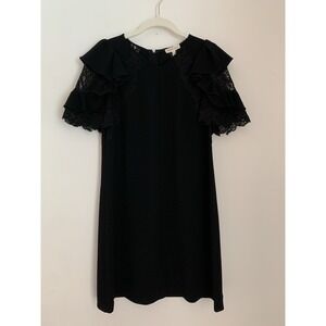 Rebecca Taylor Crepe Lace Dress Black Sz 4 Ruffle Lace Sleeve LBD Architectural